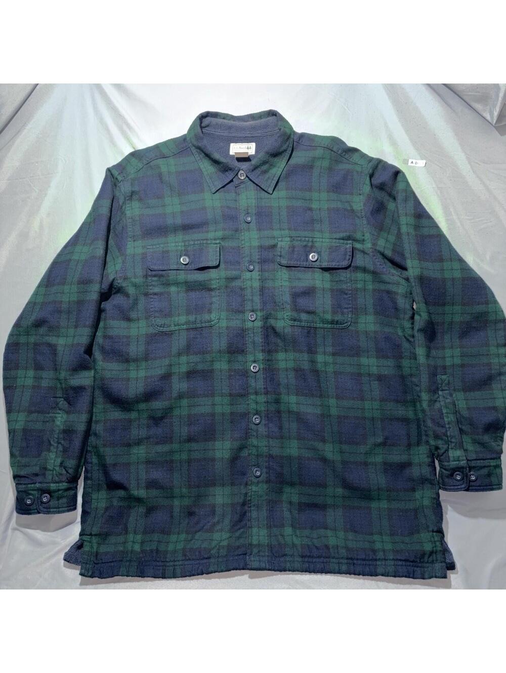 L.L. Bean Men's Large Button Up Shirt Fleece Lined Flannel Plaid Green Blue